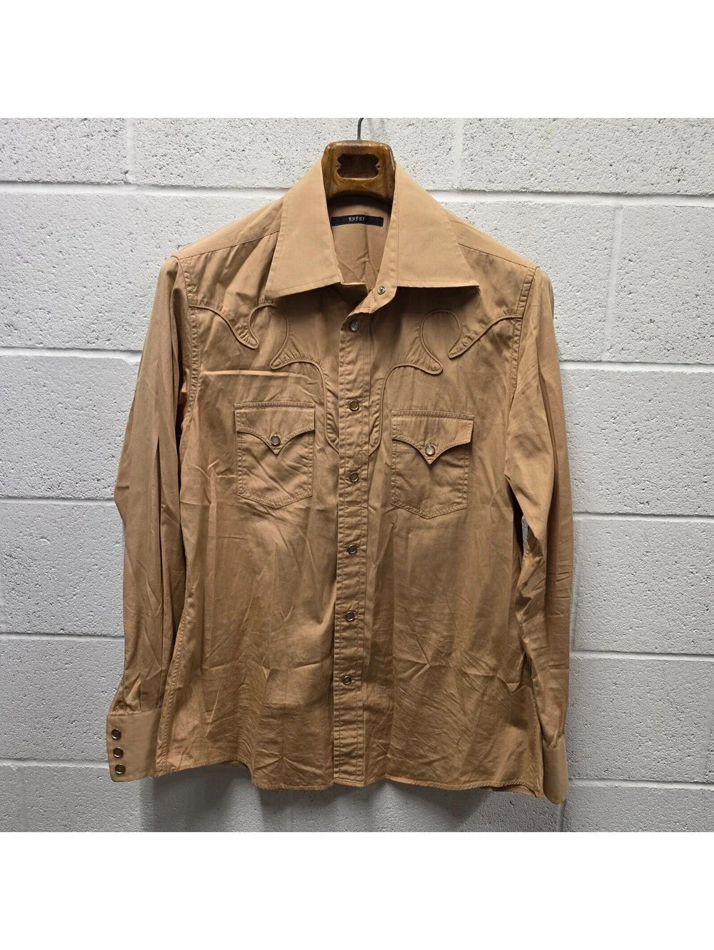 Gucci Vintage Snap button Western Shirt Beige Khaki 44 17.5  XL 22x32 Mens Shirt